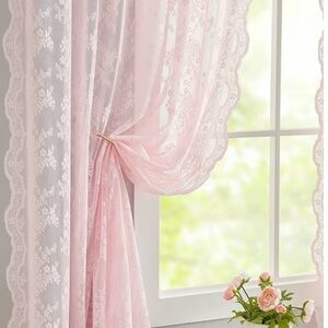 Lt Pink Sheer Soft Floral Lace Curtains Drape Scallop Edge 2 Panels 52 x 84 Inch